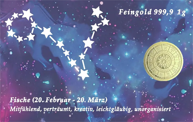 Sternzeichen-Coin Card mit 1 g Feingold &ndash; Fische