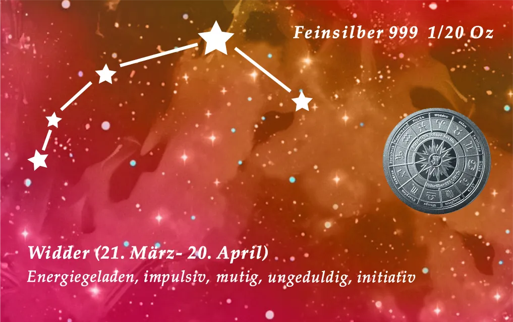 CoinCard mit Sternzeichen-Motiv Widder, Prägung 999 Feinsilber - 1/20 Unze.