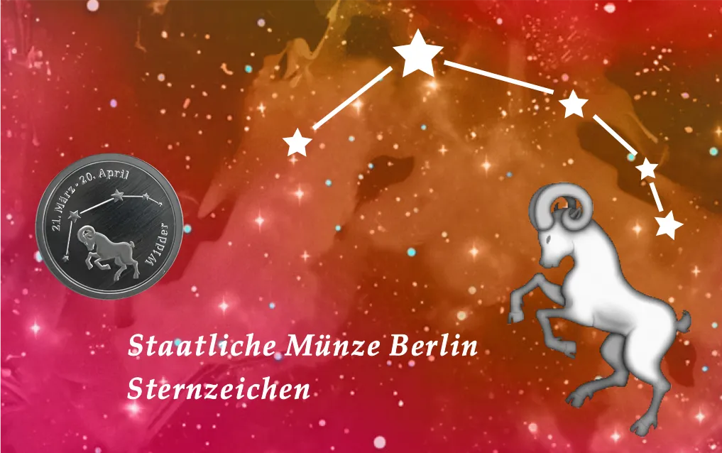 CoinCard mit Sternzeichen-Motiv Widder, Prägung 999 Feinsilber - 1/20 Unze.