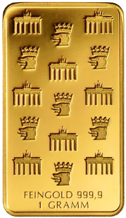 Rückseite 1 g Goldbarren 999,9 Feingold, mit Logos der Münze Berlin und dem Brandenburger Tor