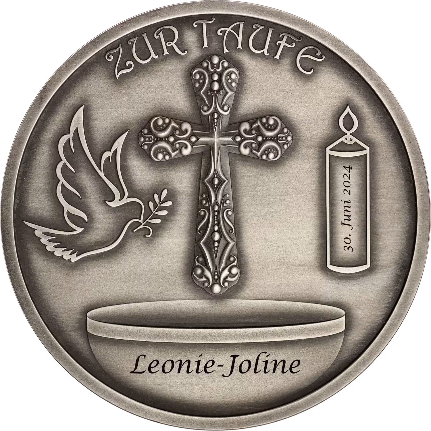Taufmedaille patiniert mit Gravur