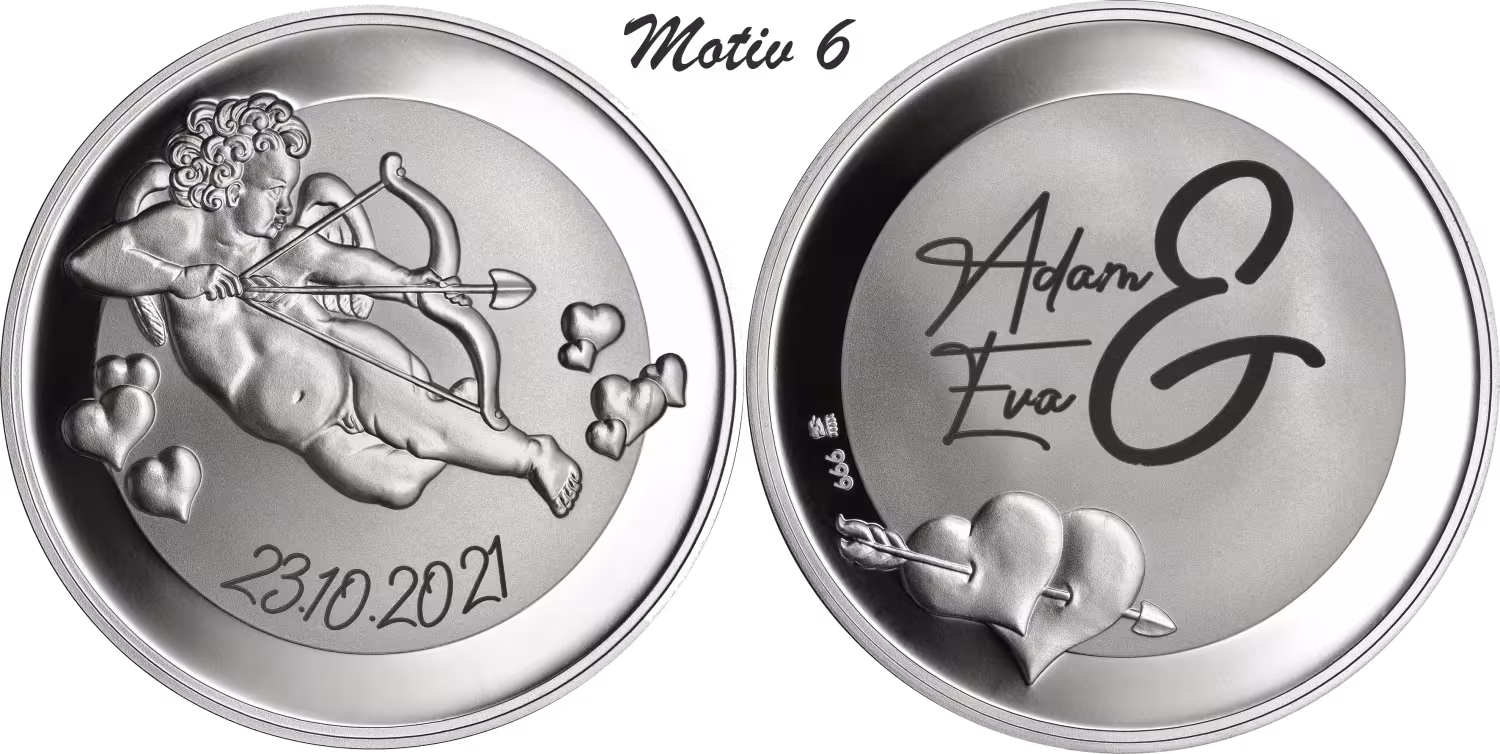 Hochzeitsmedaille "Amor" mit Gravur und Geschenkverpackung 20 g Feinsilber