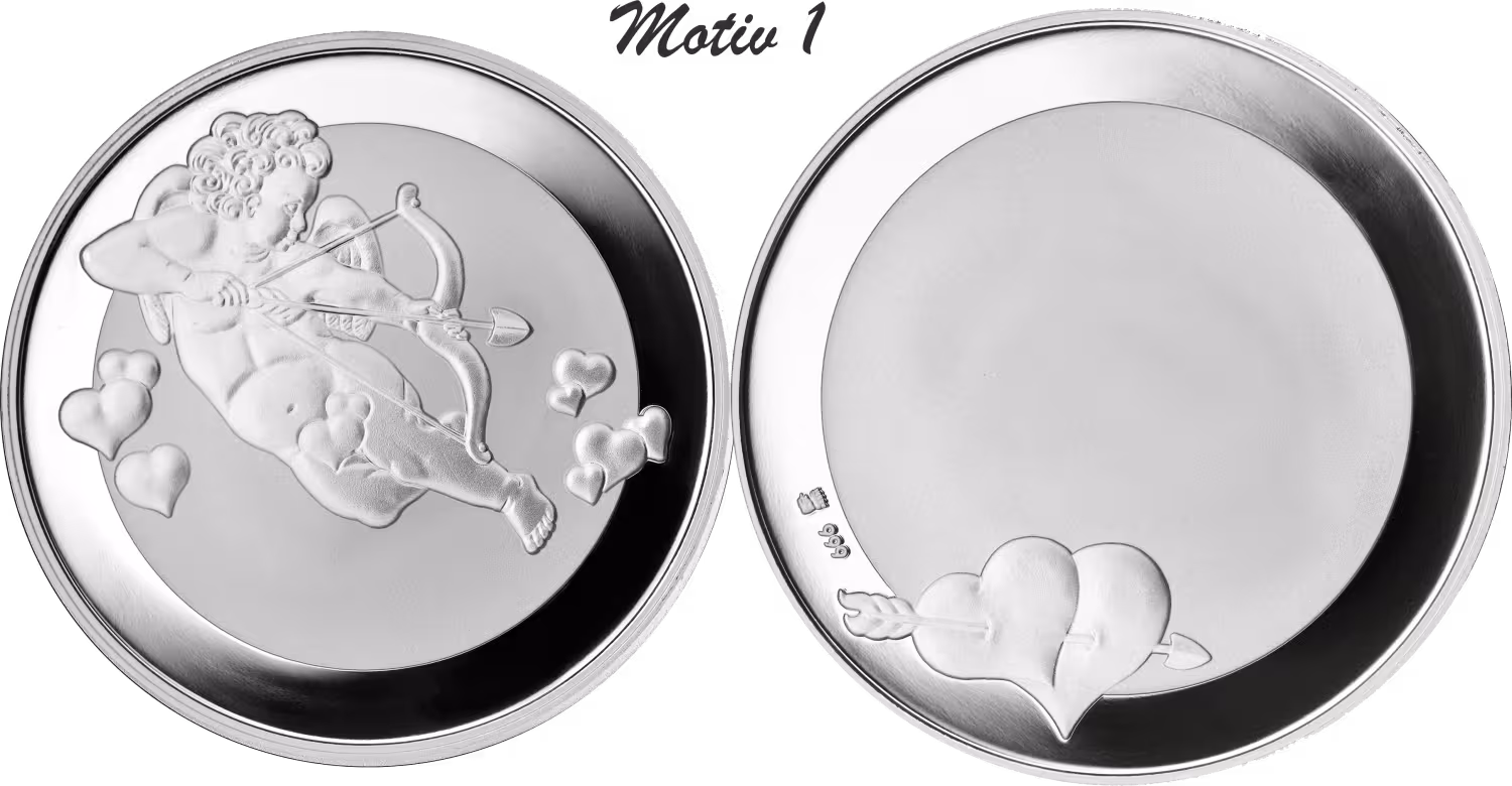 Hochzeitsmedaille "Amor" mit Gravur und Geschenkverpackung 20 g Feinsilber