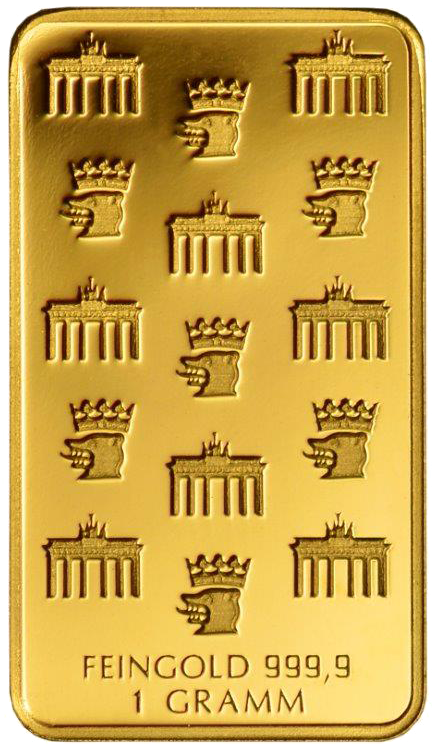 Rückseite eines 1-Gramm-Goldbarens aus Feingold 999,9, verziert mit einem wiederkehrenden Muster aus