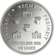 Rückseite Umschrift: Einigkeit, Recht und Freiheit, mit Punzierung , Logo der Münze Berlin sowie das Brandenburger Tor
