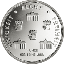 Rückseite Umschrift: Einigkeit, Recht und Freiheit, Punzierung , Logo der Münze Berlin sowie das Brandenburger Tor