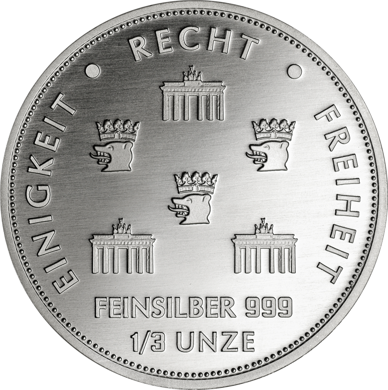 Rückseite Umschrift: Einigkeit, Recht und Freiheit, mit Punzierung , Logo der Münze Berlin sowie das