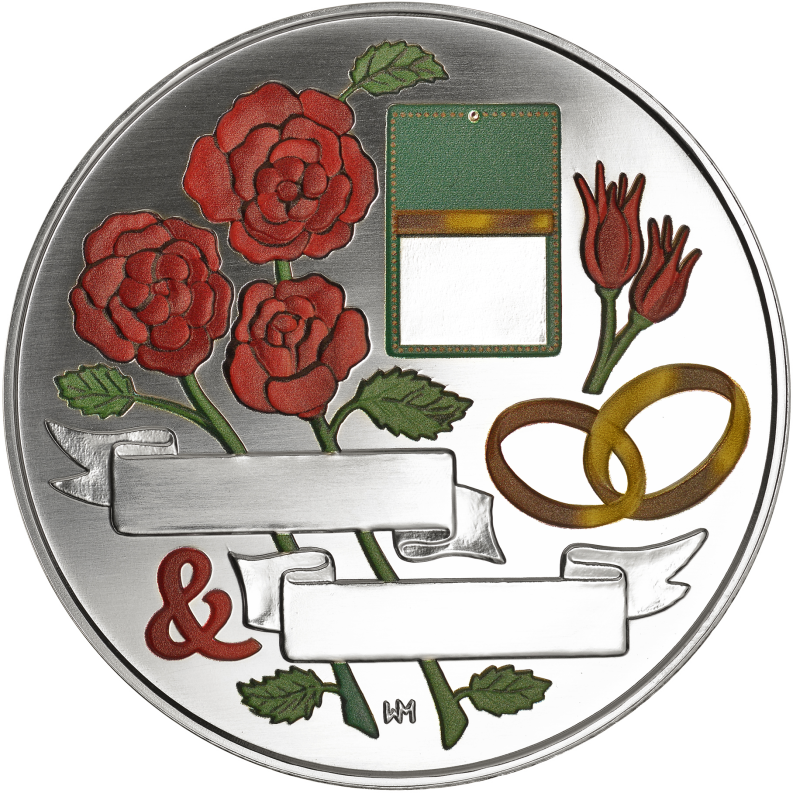 Rosenhochzeit - mit Gravur und edler Farbverzierung 50 g Feinsilber