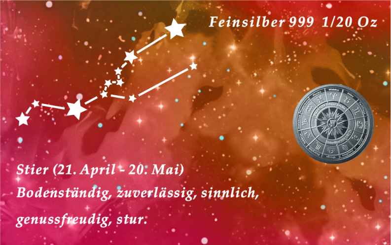 CoinCard mit Sternzeichen-Motiv  Stier Prägung 999 Feinsilber - 1/20 Unze.