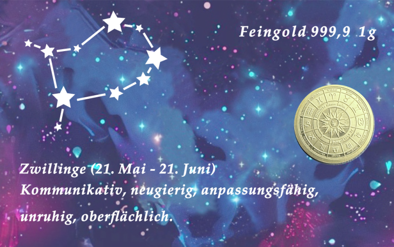 Sternzeichen-Coin Card mit 1 g Feingold – Zwillinge