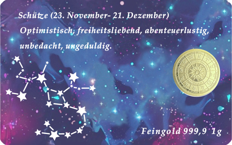 Sternzeichen-Coin Card mit 1 g Feingold – Schütze