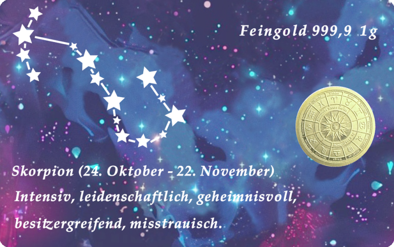 Sternzeichen-Coin Card mit 1 g Feingold – Skorpion