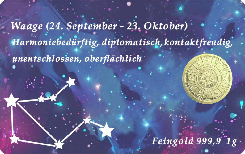 Sternzeichen-Coin Card mit 1 g Feingold – Waage