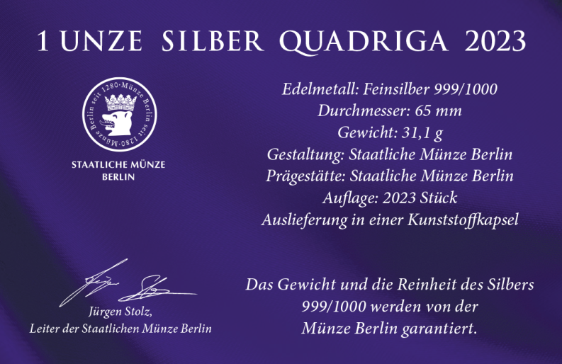 Silber Quadriga 2023 XL Format 65 mm