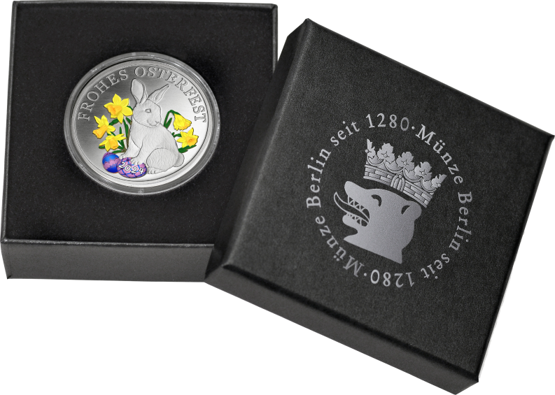 Osterprägung 1/3 Unze 999/1000 Feinsilber in einer edlen schwarzen Geschenkpackung